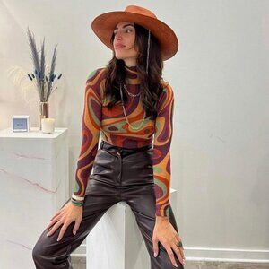AUTUMN CASHMERE Sheer Marble Print Mock Knitted Sweater in Warm Combo size SP
